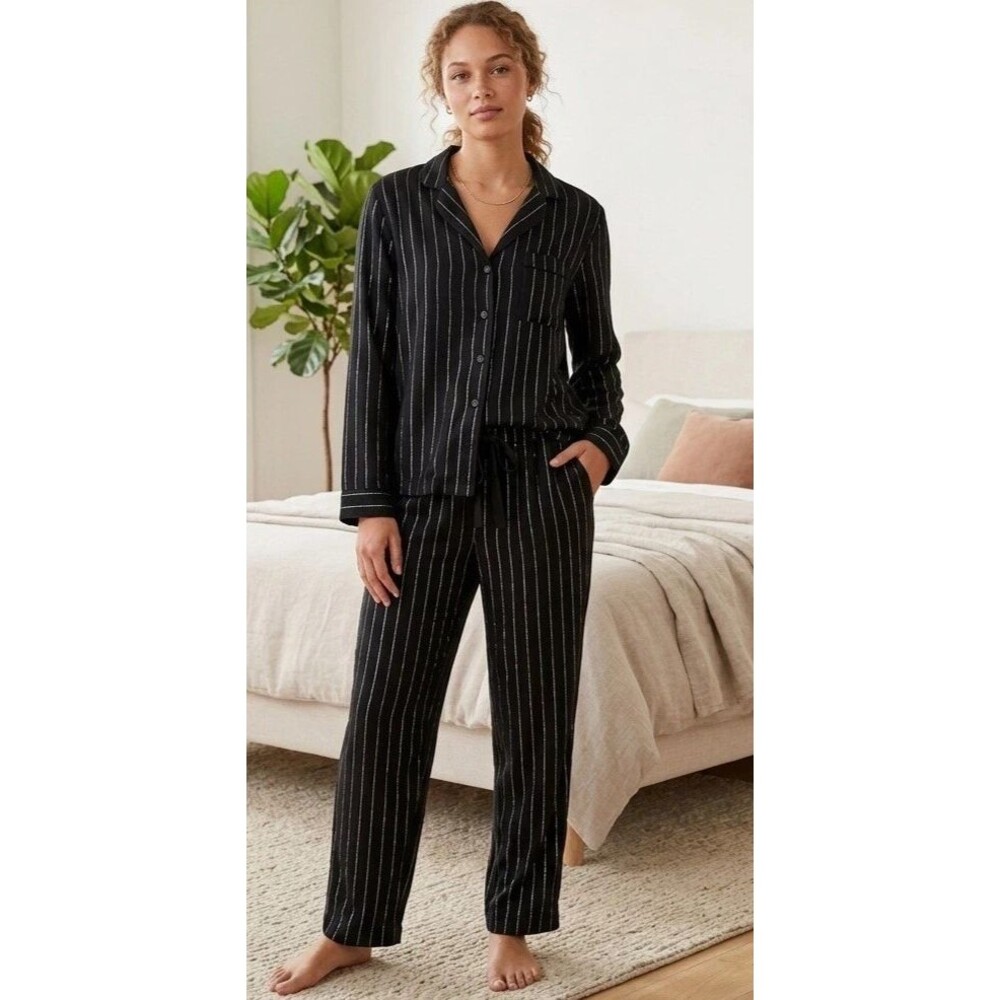 Victoria Secret Sz S Black Silver Striped Button Up Pajama Set Cotton Blend